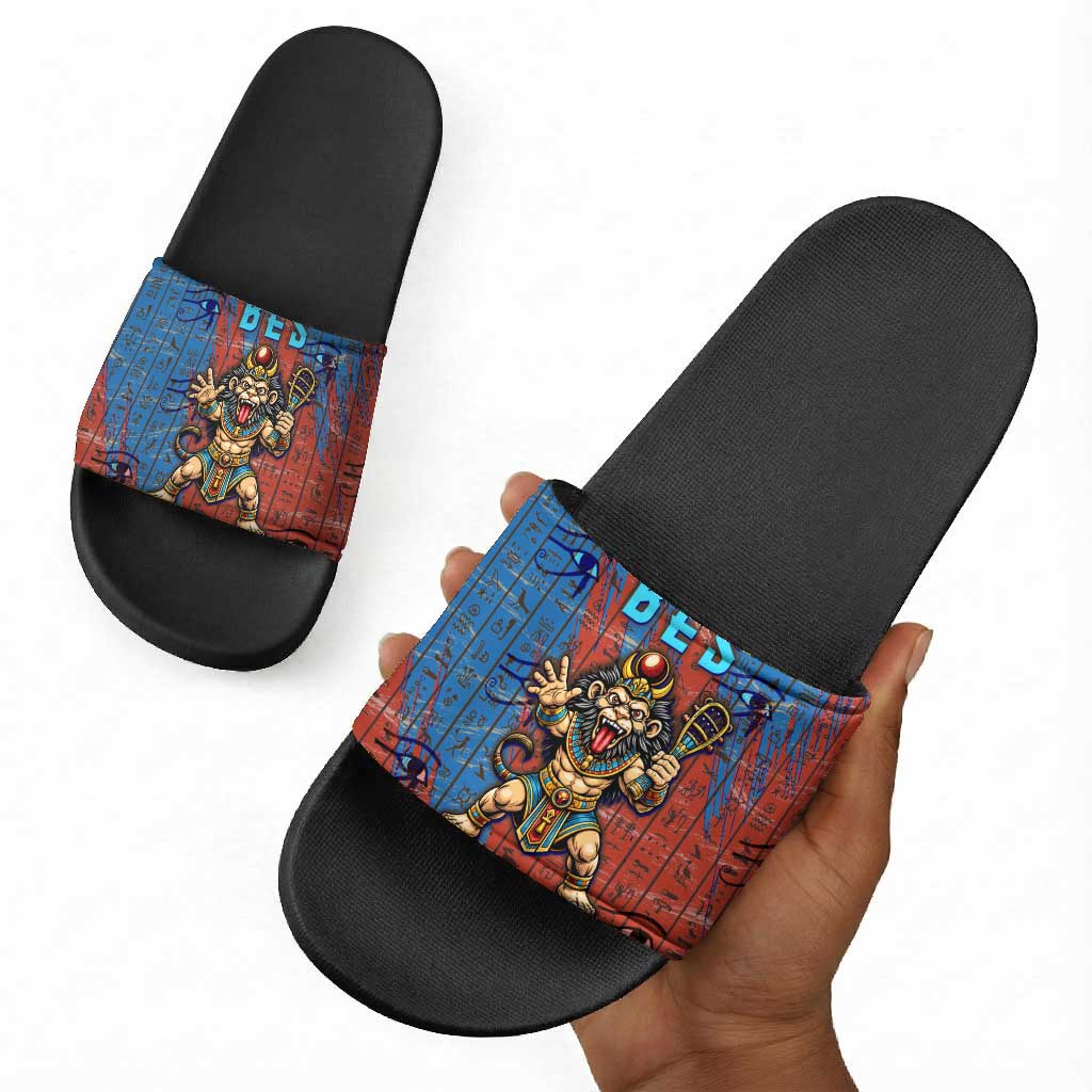 Bes Slide Sandals Ancient Egyptian Hieroglyphs and Sacred Symbols Ancient Myth - Wonder Print Shop