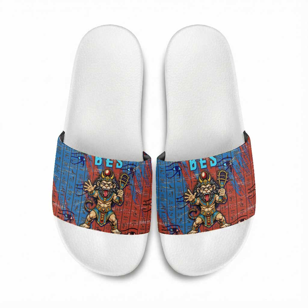 Bes Slide Sandals Ancient Egyptian Hieroglyphs and Sacred Symbols Ancient Myth - Wonder Print Shop