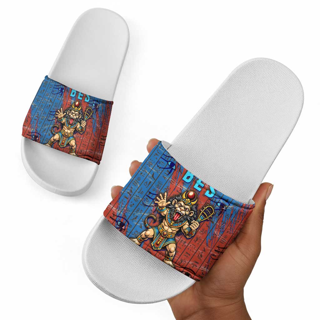 Bes Slide Sandals Ancient Egyptian Hieroglyphs and Sacred Symbols Ancient Myth - Wonder Print Shop