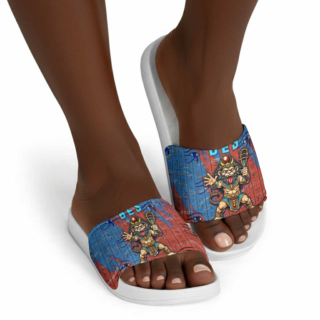 Bes Slide Sandals Ancient Egyptian Hieroglyphs and Sacred Symbols Ancient Myth - Wonder Print Shop
