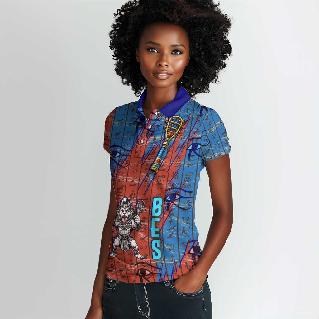 Bes Women Polo Shirt Ancient Egyptian Hieroglyphs and Sacred Symbols Ancient Myth - Wonder Print Shop