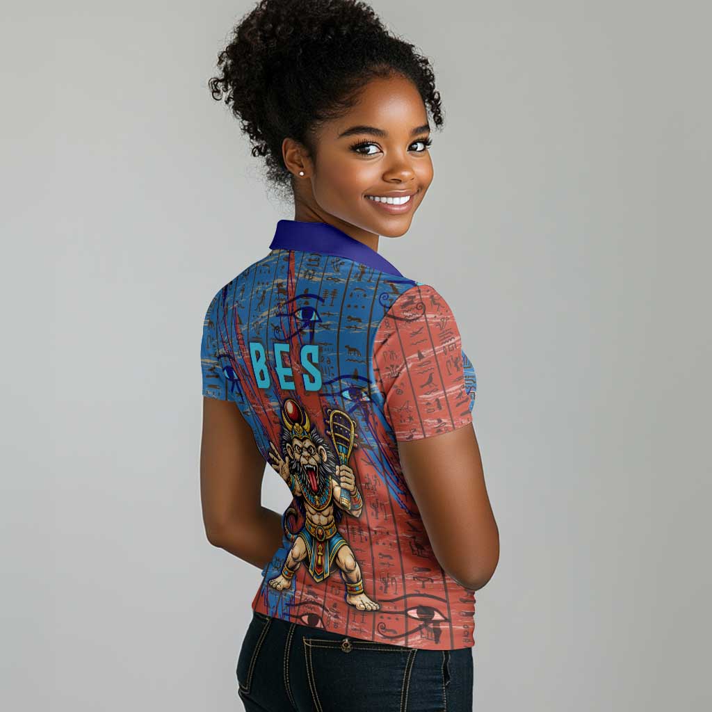 Bes Women Polo Shirt Ancient Egyptian Hieroglyphs and Sacred Symbols Ancient Myth - Wonder Print Shop