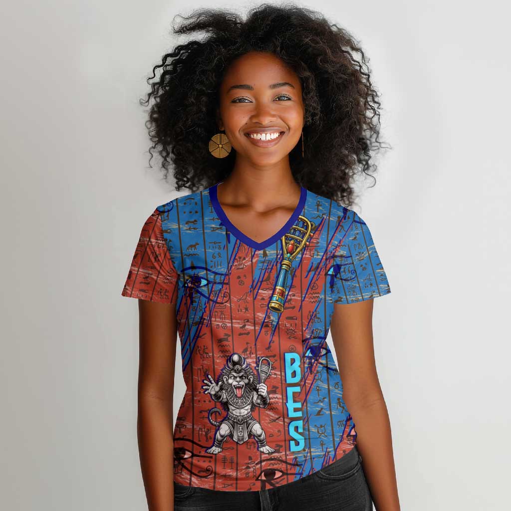 Bes Women V-Neck T-Shirt Ancient Egyptian Hieroglyphs and Sacred Symbols Ancient Myth - Wonder Print Shop