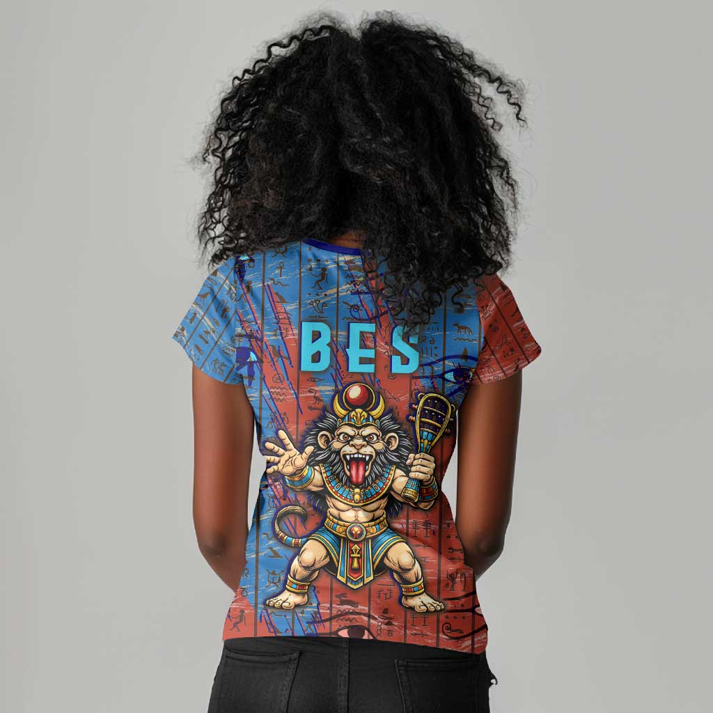 Bes Women V-Neck T-Shirt Ancient Egyptian Hieroglyphs and Sacred Symbols Ancient Myth - Wonder Print Shop