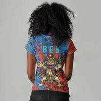 Bes Women V-Neck T-Shirt Ancient Egyptian Hieroglyphs and Sacred Symbols Ancient Myth - Wonder Print Shop