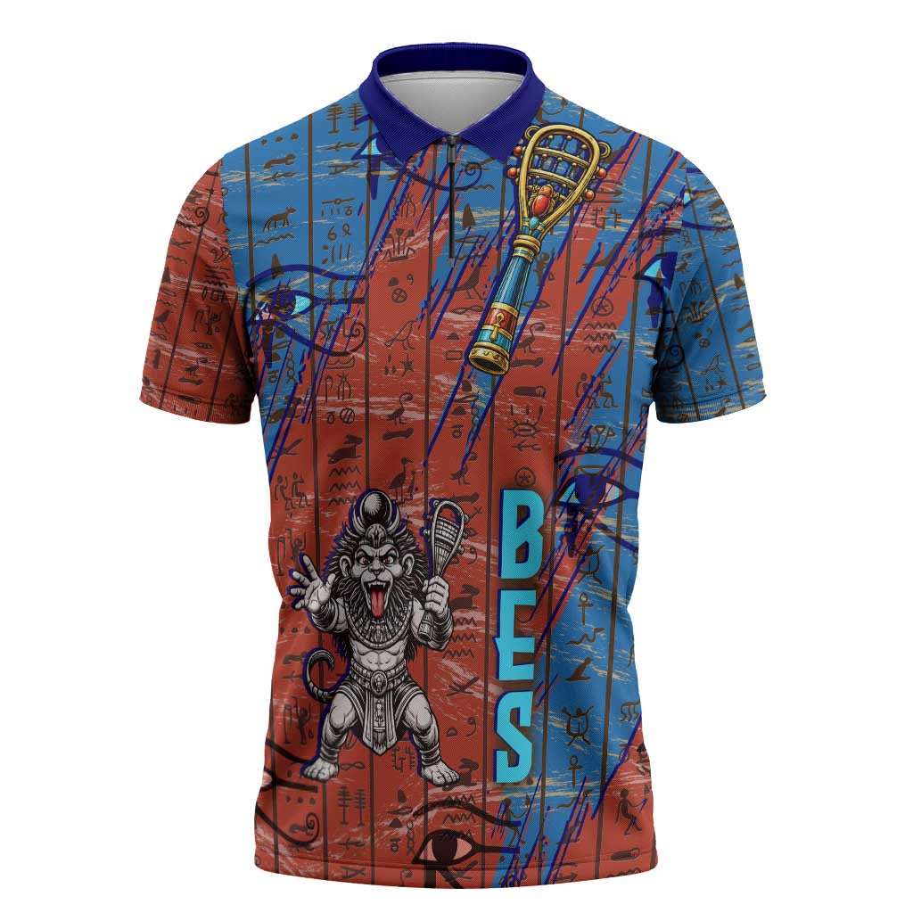 Bes Zipper Polo Shirt Ancient Egyptian Hieroglyphs and Sacred Symbols Ancient Myth - Wonder Print Shop