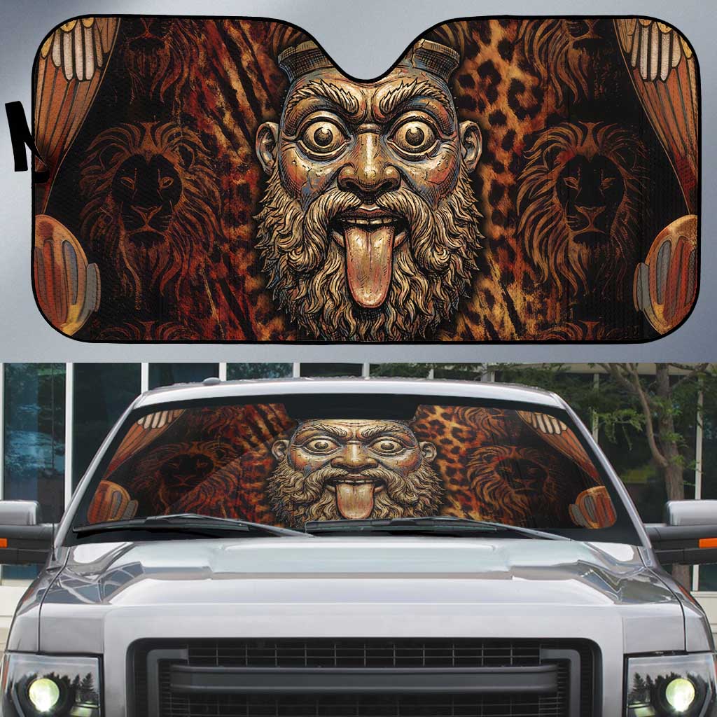 Bes Ancient Egyptian Auto Sun Shade with Leopard Print Ankh and Eye of Horus Egyptian Deity Tribute - Wonder Print Shop