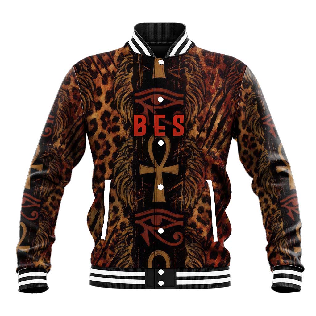 Bes Ancient Egyptian Baseball Jacket with Leopard Print Ankh and Eye of Horus Egyptian Deity Tribute - Wonder Print Shop