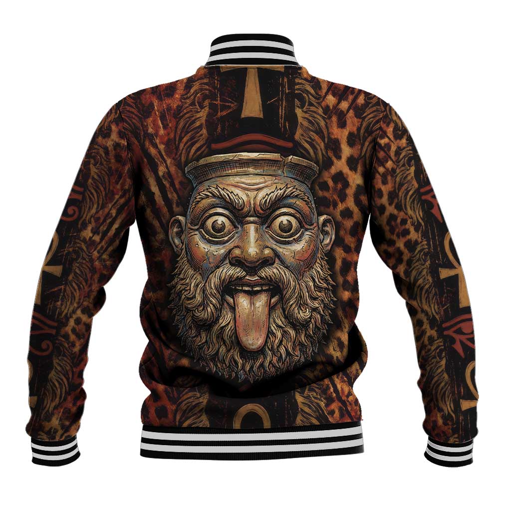 Bes Ancient Egyptian Baseball Jacket with Leopard Print Ankh and Eye of Horus Egyptian Deity Tribute - Wonder Print Shop