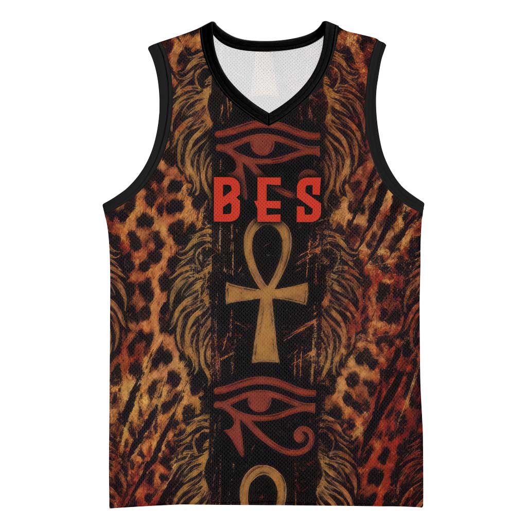 Bes Ancient Egyptian Basketball Jersey with Leopard Print Ankh and Eye of Horus Egyptian Deity Tribute - Wonder Print Shop