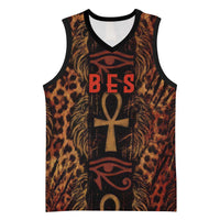 Bes Ancient Egyptian Basketball Jersey with Leopard Print Ankh and Eye of Horus Egyptian Deity Tribute - Wonder Print Shop