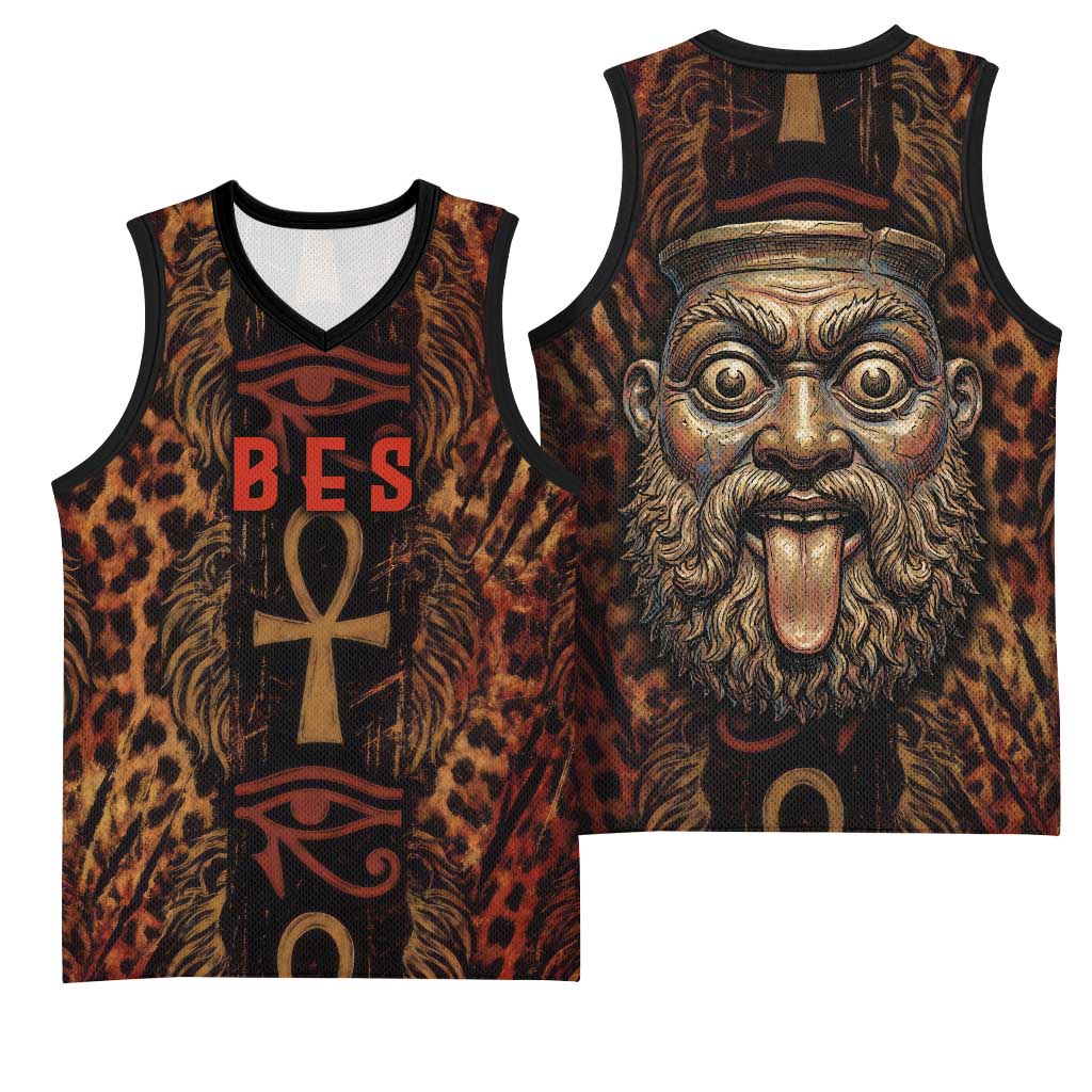 Bes Ancient Egyptian Basketball Jersey with Leopard Print Ankh and Eye of Horus Egyptian Deity Tribute - Wonder Print Shop