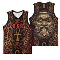 Bes Ancient Egyptian Basketball Jersey with Leopard Print Ankh and Eye of Horus Egyptian Deity Tribute - Wonder Print Shop