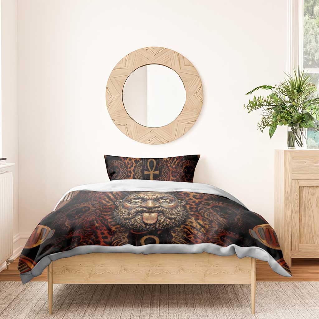 Bes Ancient Egyptian Bedding Set with Leopard Print Ankh and Eye of Horus Egyptian Deity Tribute - Wonder Print Shop