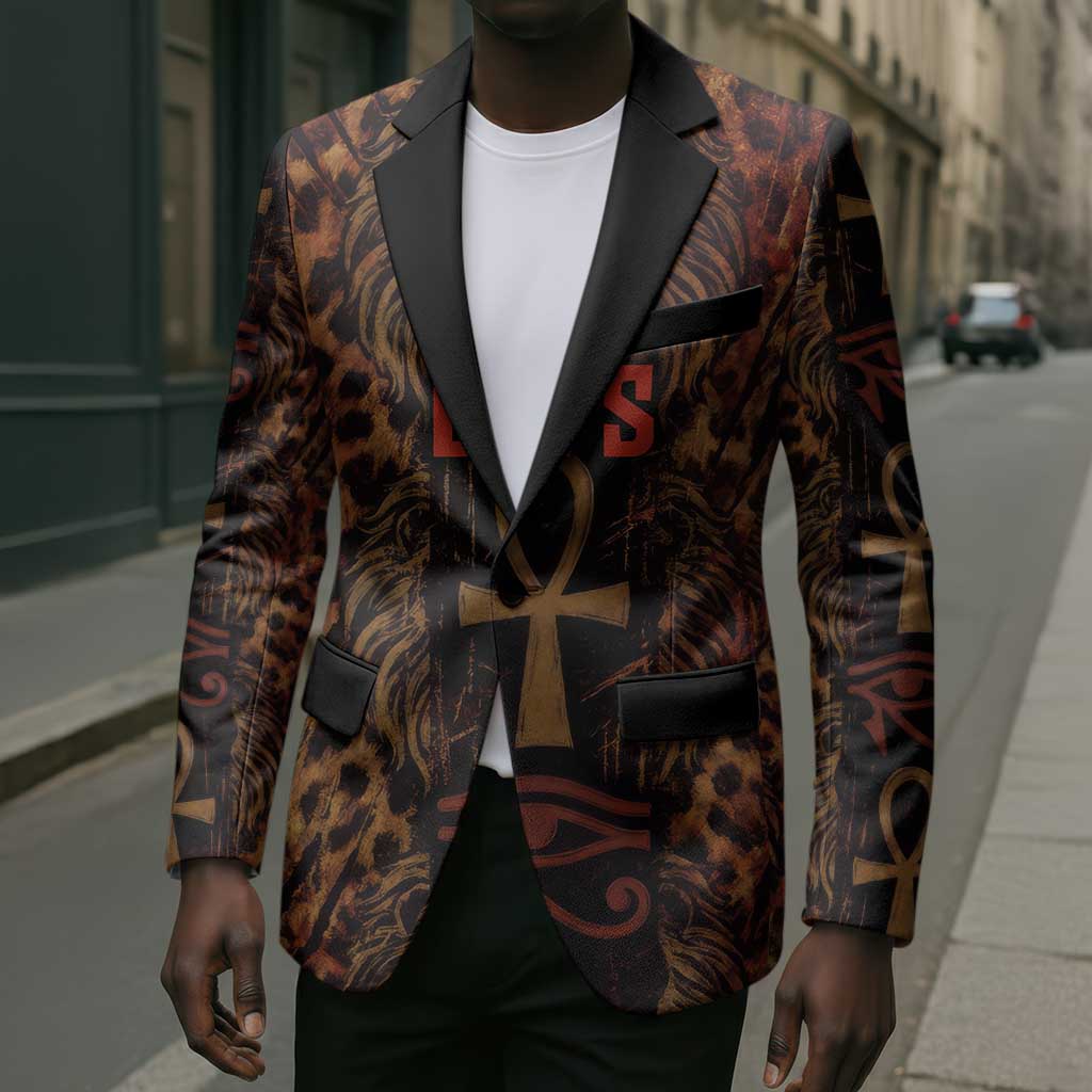 Bes Ancient Egyptian Blazer with Leopard Print Ankh and Eye of Horus Egyptian Deity Tribute - Wonder Print Shop