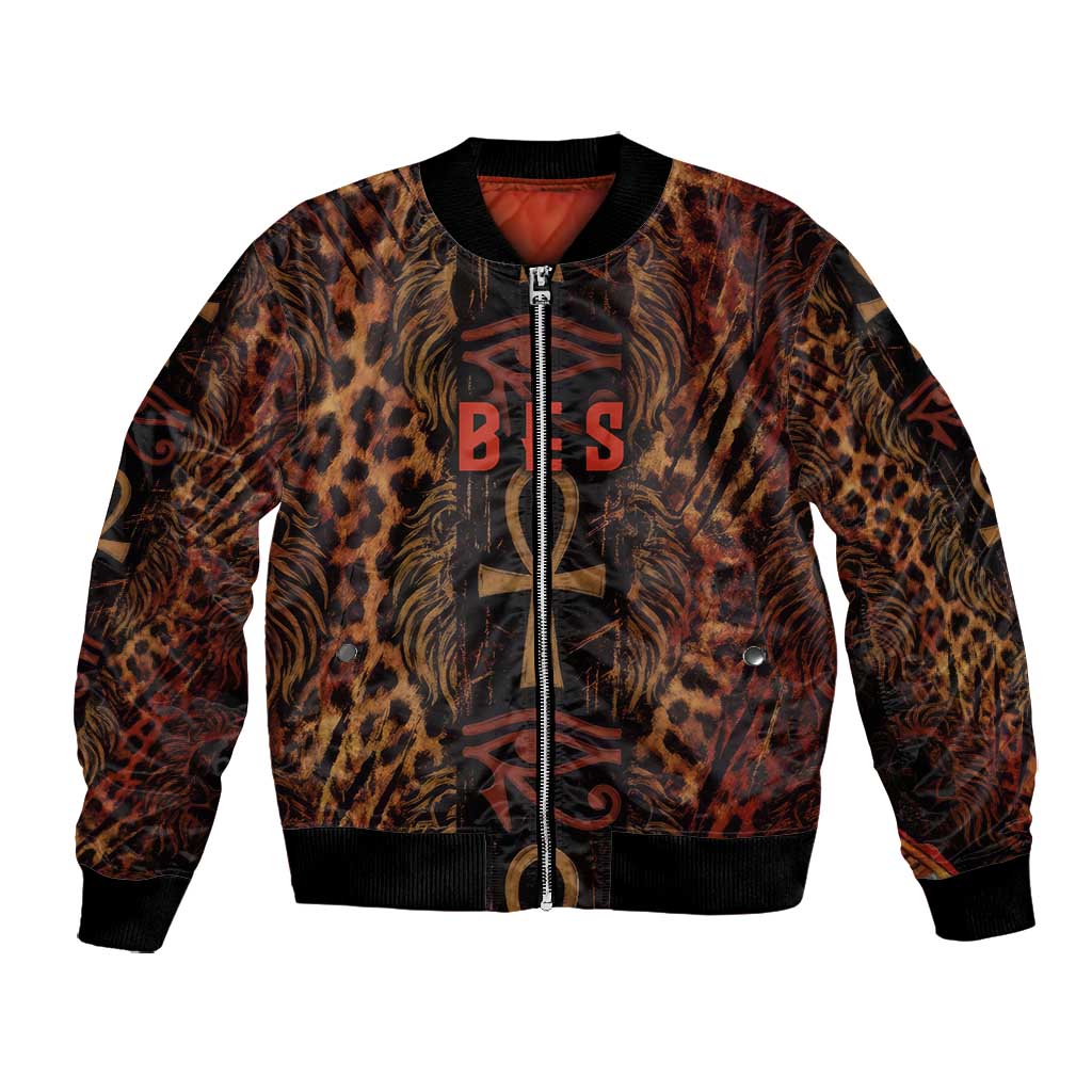 Bes Ancient Egyptian Bomber Jacket with Leopard Print Ankh and Eye of Horus Egyptian Deity Tribute - Wonder Print Shop