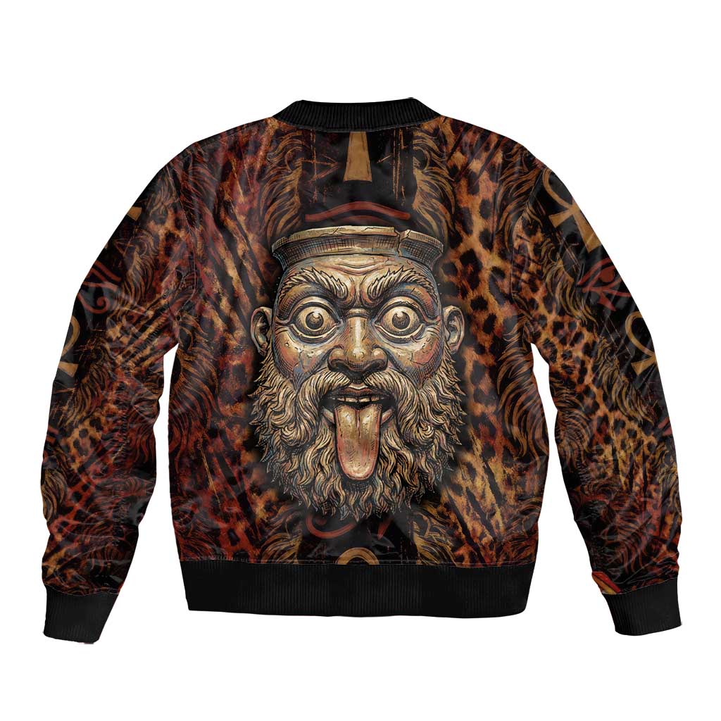 Bes Ancient Egyptian Bomber Jacket with Leopard Print Ankh and Eye of Horus Egyptian Deity Tribute - Wonder Print Shop