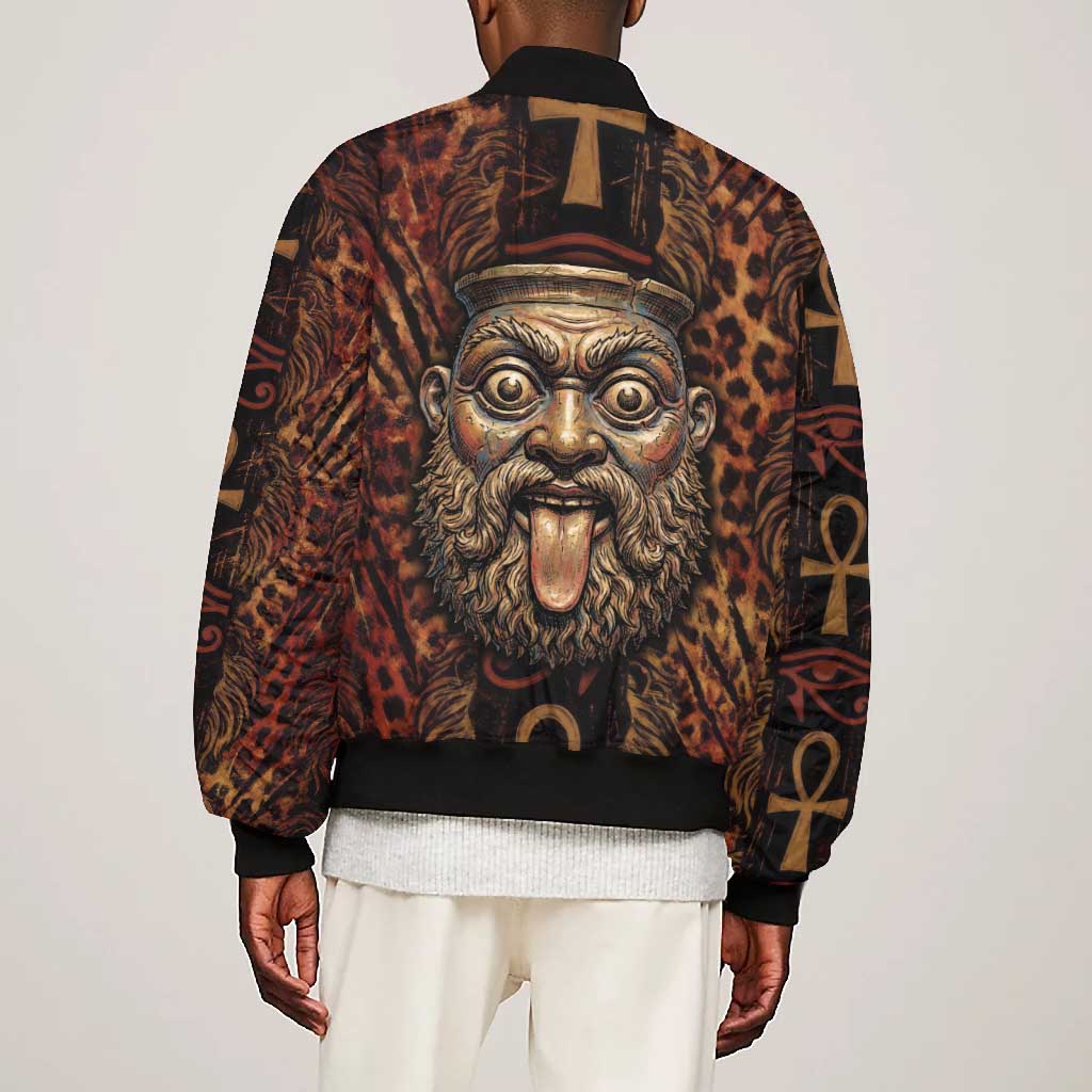 Bes Ancient Egyptian Bomber Jacket with Leopard Print Ankh and Eye of Horus Egyptian Deity Tribute - Wonder Print Shop