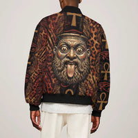 Bes Ancient Egyptian Bomber Jacket with Leopard Print Ankh and Eye of Horus Egyptian Deity Tribute - Wonder Print Shop