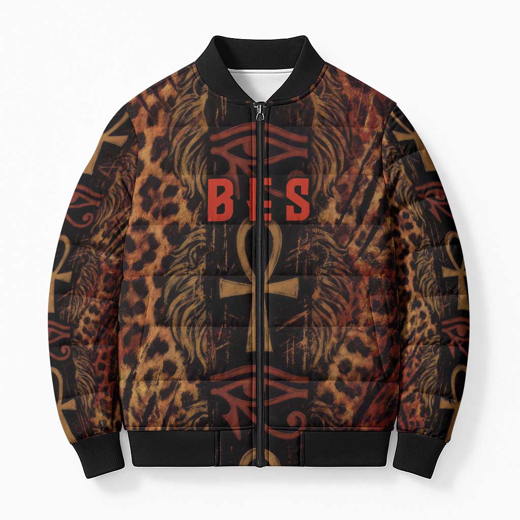 Bes Ancient Egyptian Bomber Puffer Jacket with Leopard Print Ankh and Eye of Horus Egyptian Deity Tribute - Wonder Print Shop