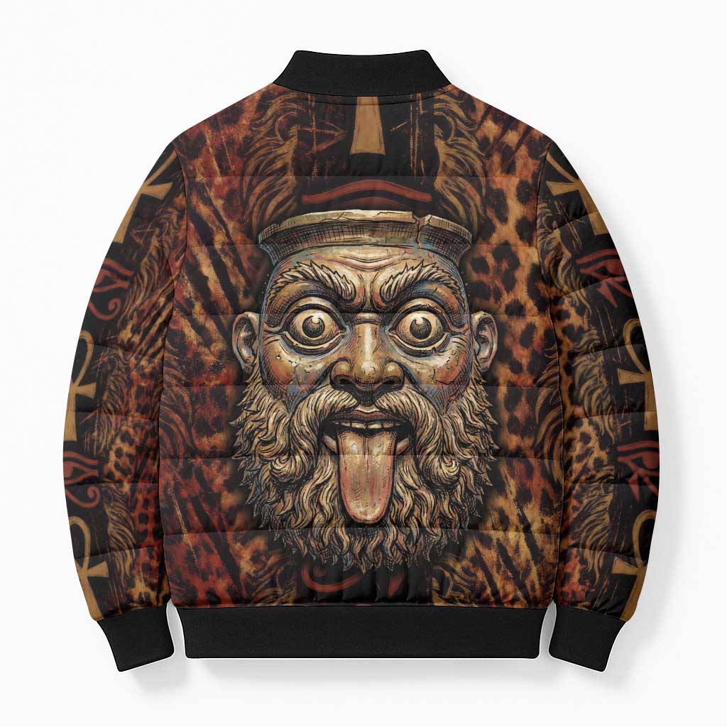 Bes Ancient Egyptian Bomber Puffer Jacket with Leopard Print Ankh and Eye of Horus Egyptian Deity Tribute - Wonder Print Shop