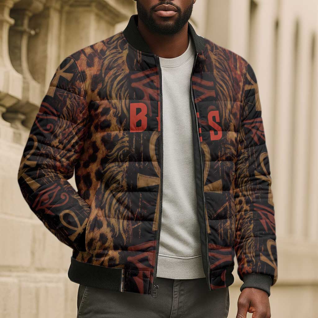 Bes Ancient Egyptian Bomber Puffer Jacket with Leopard Print Ankh and Eye of Horus Egyptian Deity Tribute - Wonder Print Shop
