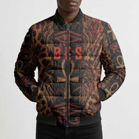 Bes Ancient Egyptian Bomber Puffer Jacket with Leopard Print Ankh and Eye of Horus Egyptian Deity Tribute - Wonder Print Shop