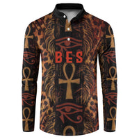Bes Ancient Egyptian Button Sweatshirt with Leopard Print Ankh and Eye of Horus Egyptian Deity Tribute