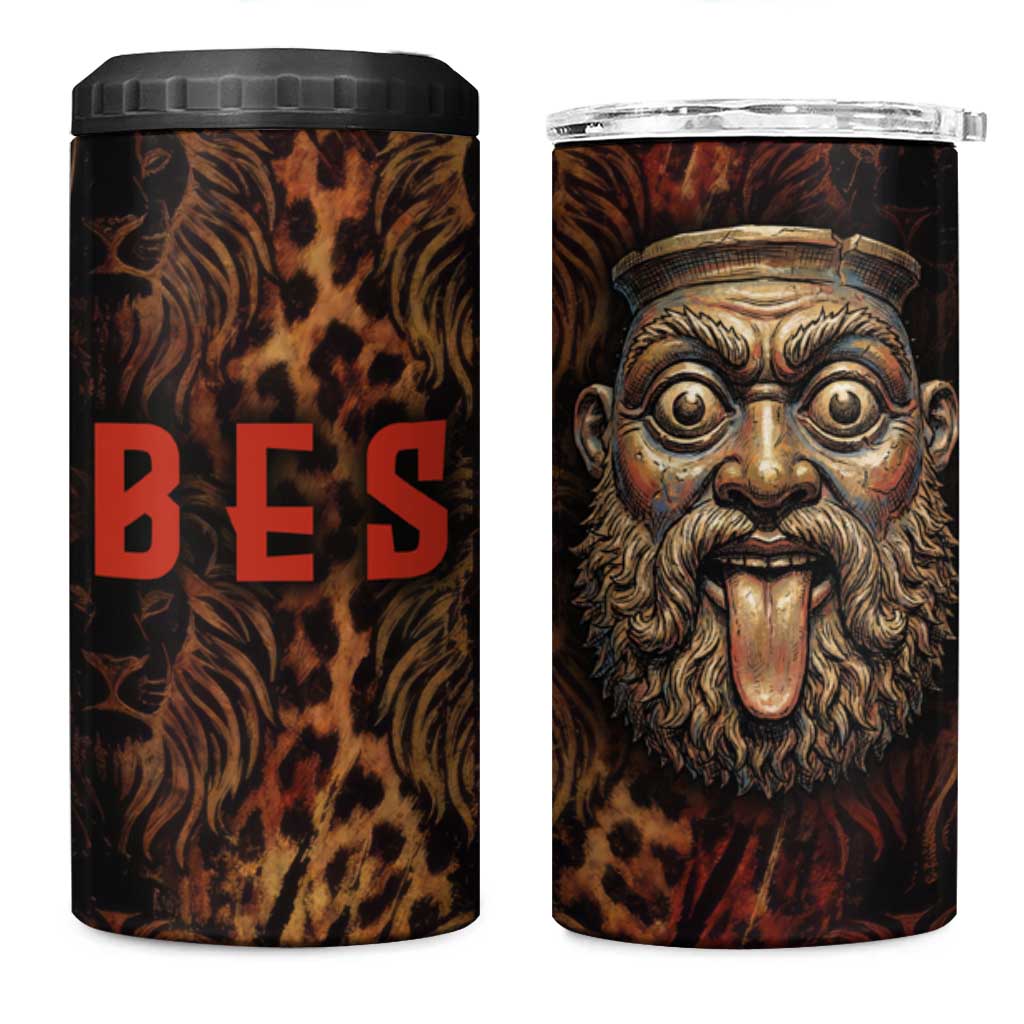Bes Ancient Egyptian 4 in 1 Can Cooler Tumbler with Leopard Print Ankh and Eye of Horus Egyptian Deity Tribute - Wonder Print Shop