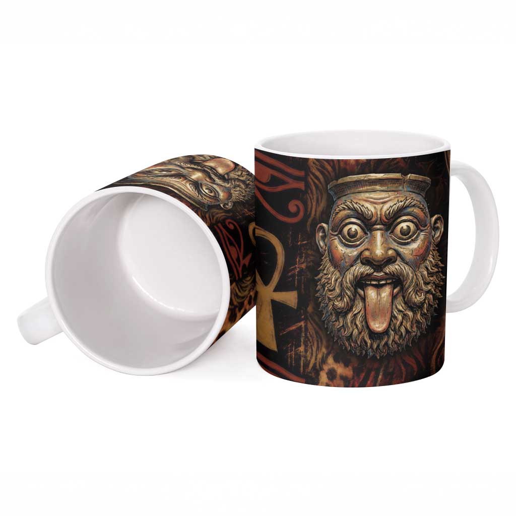 Bes Ancient Egyptian Ceramic Mug with Leopard Print Ankh and Eye of Horus Egyptian Deity Tribute - Wonder Print Shop