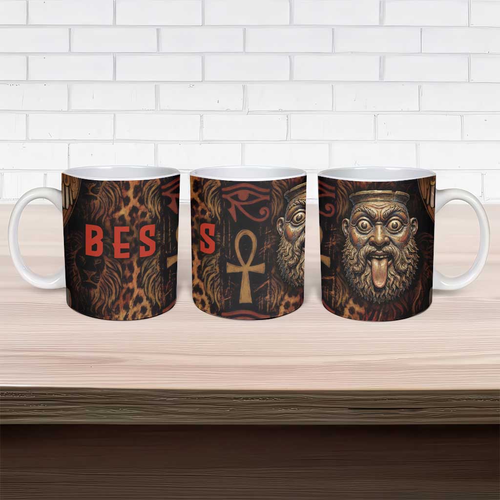 Bes Ancient Egyptian Ceramic Mug with Leopard Print Ankh and Eye of Horus Egyptian Deity Tribute - Wonder Print Shop