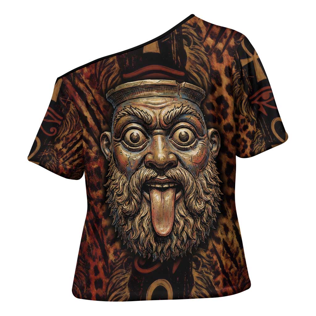 Bes Ancient Egyptian Cross Shoulder Shirt with Leopard Print Ankh and Eye of Horus Egyptian Deity Tribute - Wonder Print Shop
