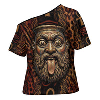Bes Ancient Egyptian Cross Shoulder Shirt with Leopard Print Ankh and Eye of Horus Egyptian Deity Tribute - Wonder Print Shop