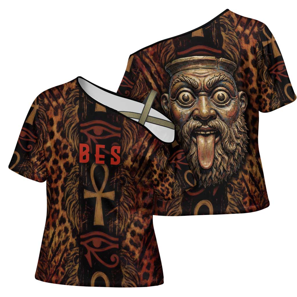 Bes Ancient Egyptian Cross Shoulder Shirt with Leopard Print Ankh and Eye of Horus Egyptian Deity Tribute - Wonder Print Shop