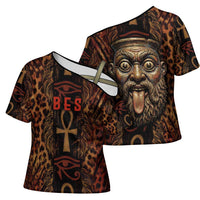 Bes Ancient Egyptian Cross Shoulder Shirt with Leopard Print Ankh and Eye of Horus Egyptian Deity Tribute - Wonder Print Shop