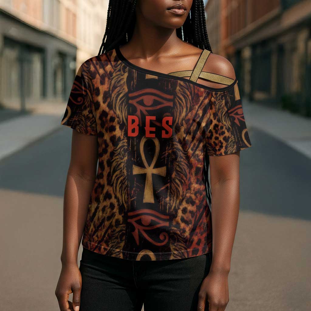Bes Ancient Egyptian Cross Shoulder Shirt with Leopard Print Ankh and Eye of Horus Egyptian Deity Tribute - Wonder Print Shop