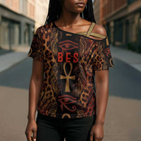 Bes Ancient Egyptian Cross Shoulder Shirt with Leopard Print Ankh and Eye of Horus Egyptian Deity Tribute - Wonder Print Shop