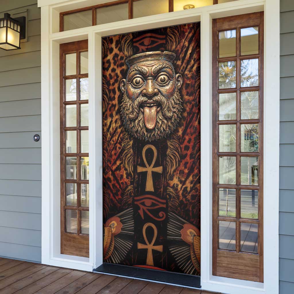 Bes Ancient Egyptian Door Cover with Leopard Print Ankh and Eye of Horus Egyptian Deity Tribute - Wonder Print Shop