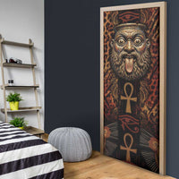 Bes Ancient Egyptian Door Cover with Leopard Print Ankh and Eye of Horus Egyptian Deity Tribute - Wonder Print Shop