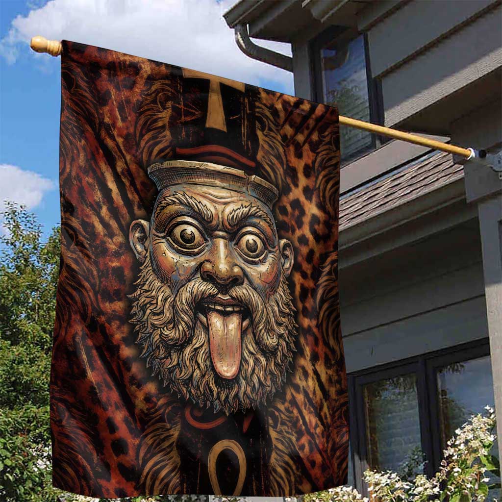 Bes Ancient Egyptian Garden Flag with Leopard Print Ankh and Eye of Horus Egyptian Deity Tribute - Wonder Print Shop