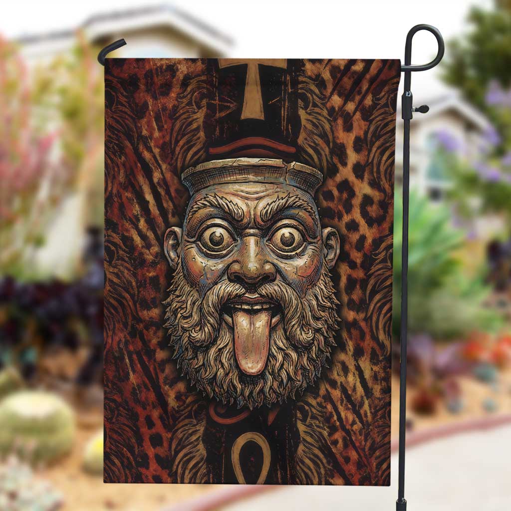 Bes Ancient Egyptian Garden Flag with Leopard Print Ankh and Eye of Horus Egyptian Deity Tribute - Wonder Print Shop