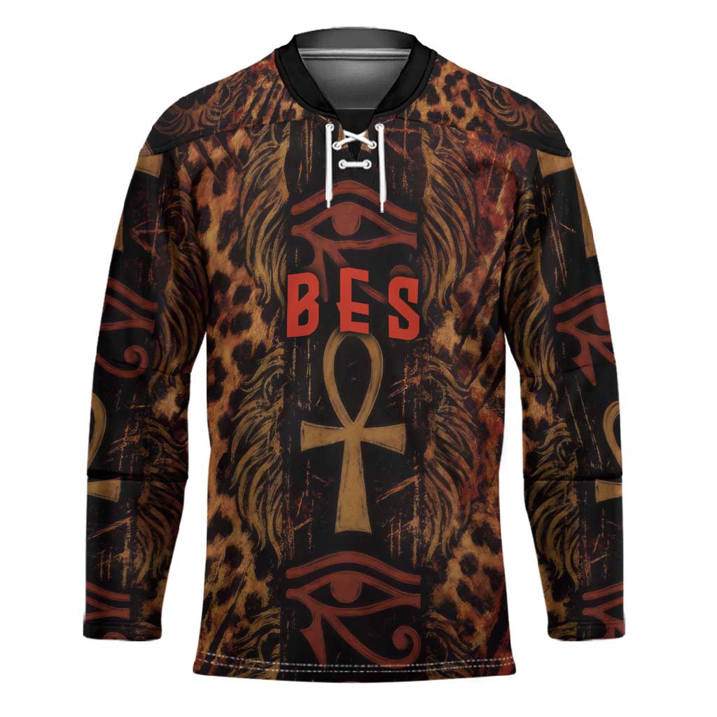 Bes Ancient Egyptian Hockey Jersey with Leopard Print Ankh and Eye of Horus Egyptian Deity Tribute - Wonder Print Shop