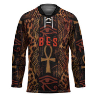 Bes Ancient Egyptian Hockey Jersey with Leopard Print Ankh and Eye of Horus Egyptian Deity Tribute - Wonder Print Shop