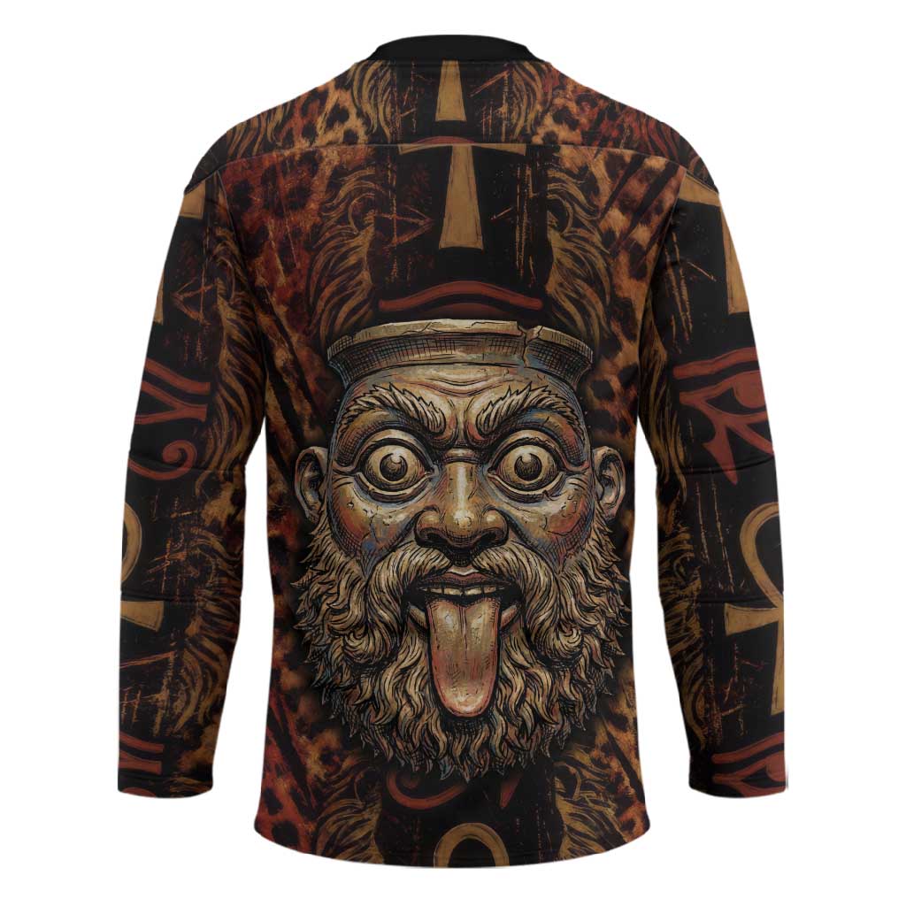 Bes Ancient Egyptian Hockey Jersey with Leopard Print Ankh and Eye of Horus Egyptian Deity Tribute - Wonder Print Shop