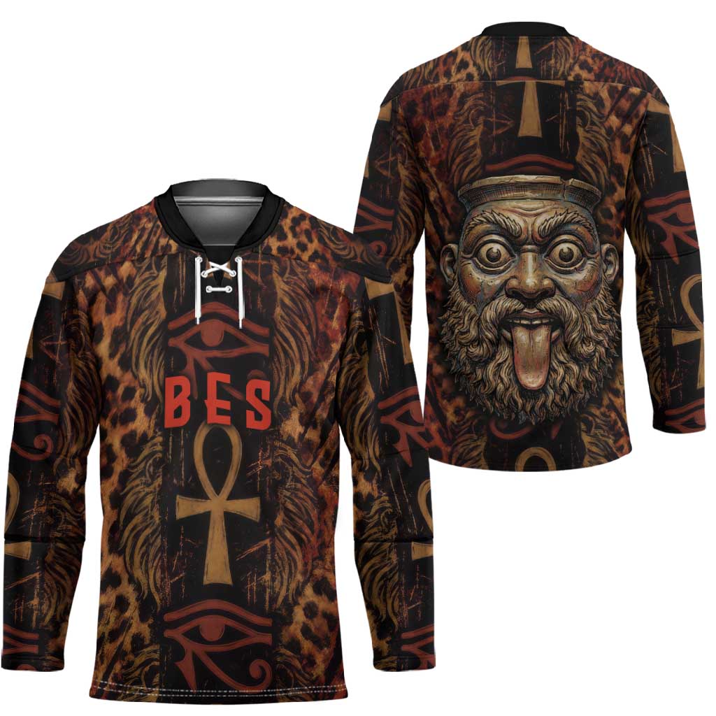 Bes Ancient Egyptian Hockey Jersey with Leopard Print Ankh and Eye of Horus Egyptian Deity Tribute - Wonder Print Shop