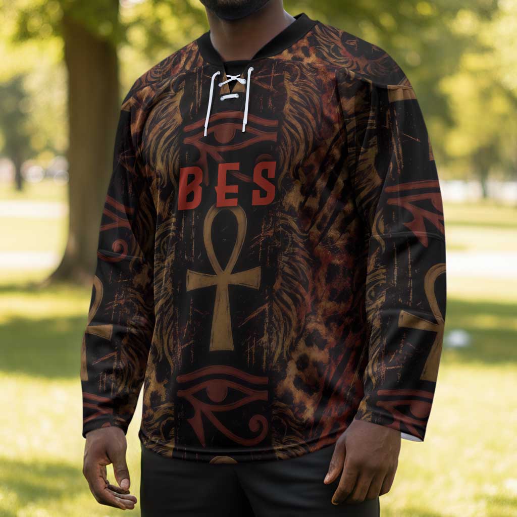 Bes Ancient Egyptian Hockey Jersey with Leopard Print Ankh and Eye of Horus Egyptian Deity Tribute - Wonder Print Shop