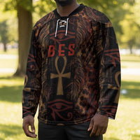 Bes Ancient Egyptian Hockey Jersey with Leopard Print Ankh and Eye of Horus Egyptian Deity Tribute - Wonder Print Shop