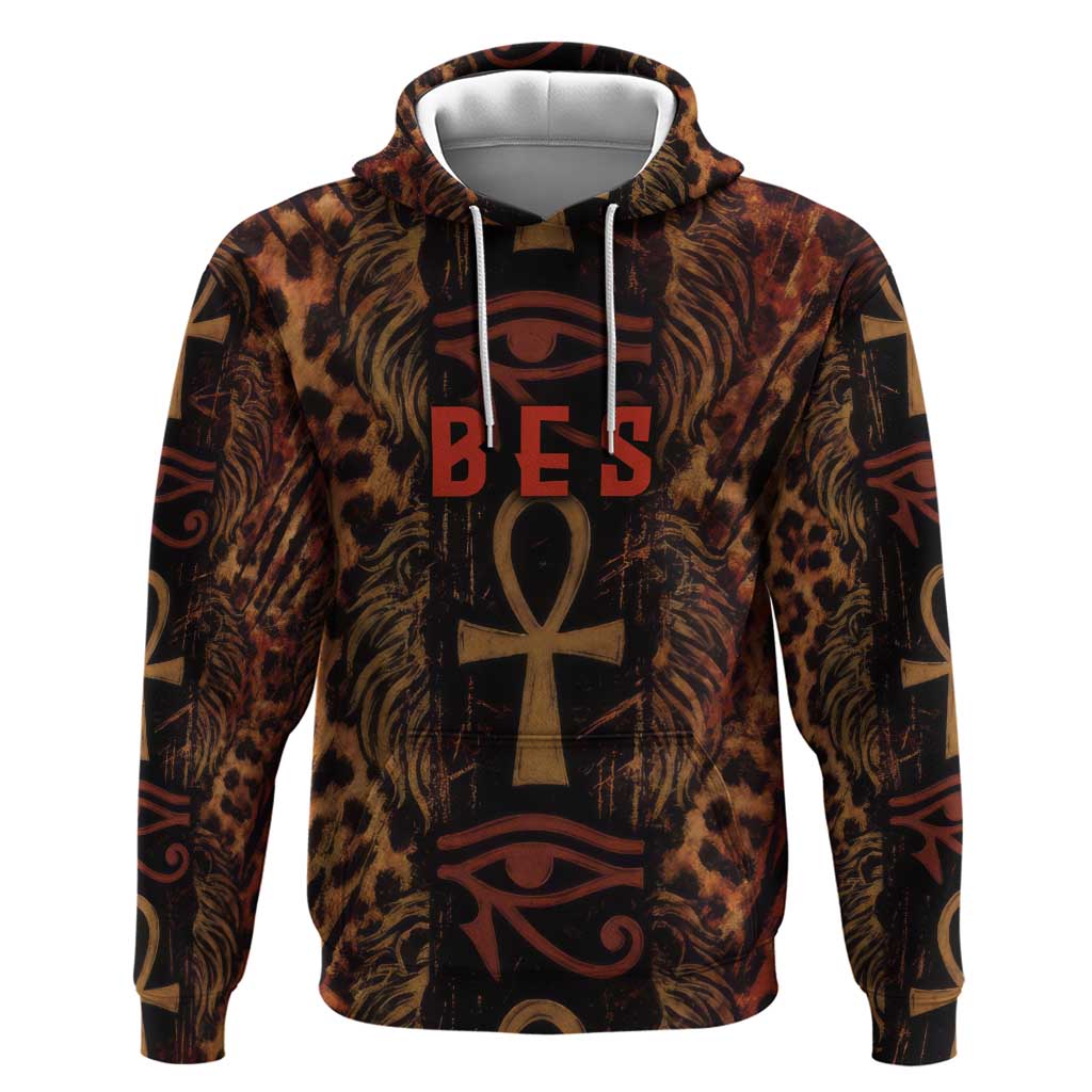 Bes Ancient Egyptian Hoodie with Leopard Print Ankh and Eye of Horus Egyptian Deity Tribute - Wonder Print Shop
