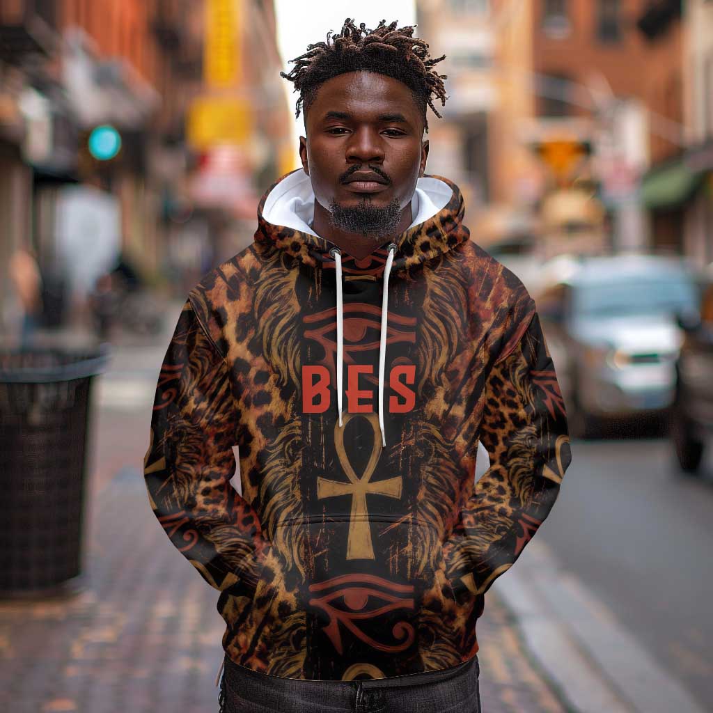 Bes Ancient Egyptian Hoodie with Leopard Print Ankh and Eye of Horus Egyptian Deity Tribute - Wonder Print Shop