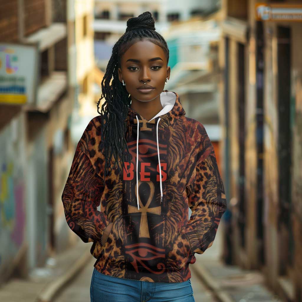 Bes Ancient Egyptian Hoodie with Leopard Print Ankh and Eye of Horus Egyptian Deity Tribute - Wonder Print Shop